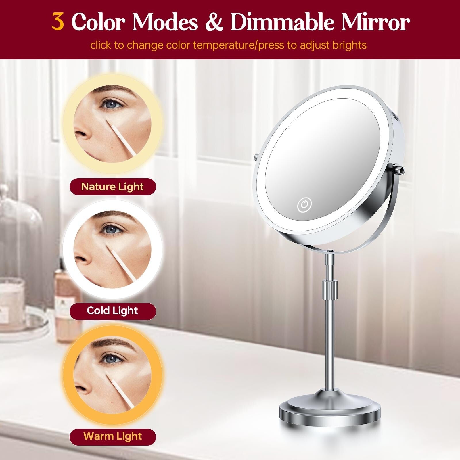 Miroir de maquillage lumineux à 9 LED, miroir grossissant double face avec grossissement 1x/10x, 3 couleurs d'éclairage