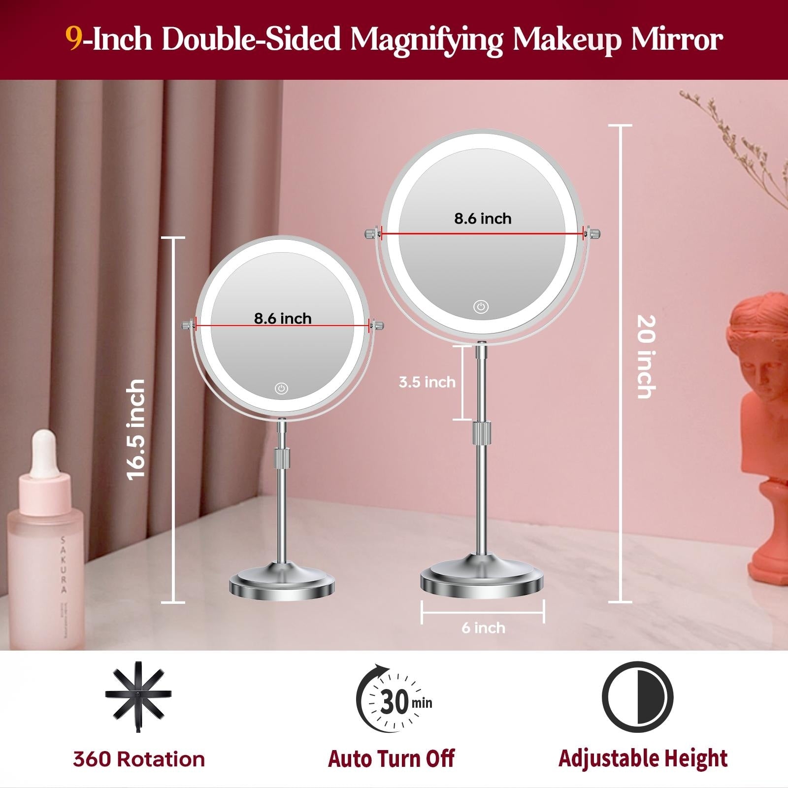 Miroir de maquillage lumineux à 9 LED, miroir grossissant double face avec grossissement 1x/10x, 3 couleurs d'éclairage