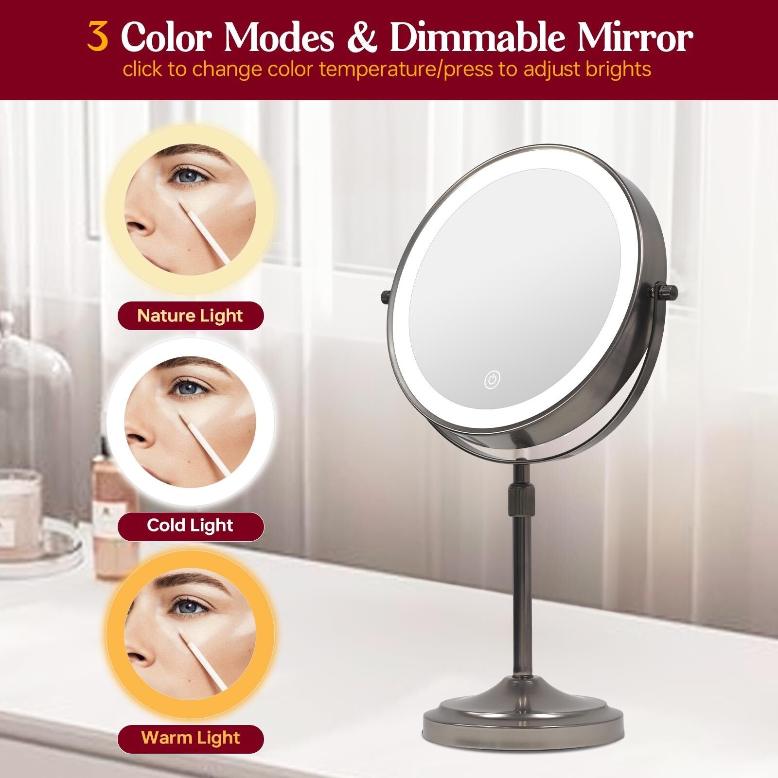 Miroir de maquillage lumineux à 9 LED, miroir grossissant double face avec grossissement 1x/10x, 3 couleurs d'éclairage