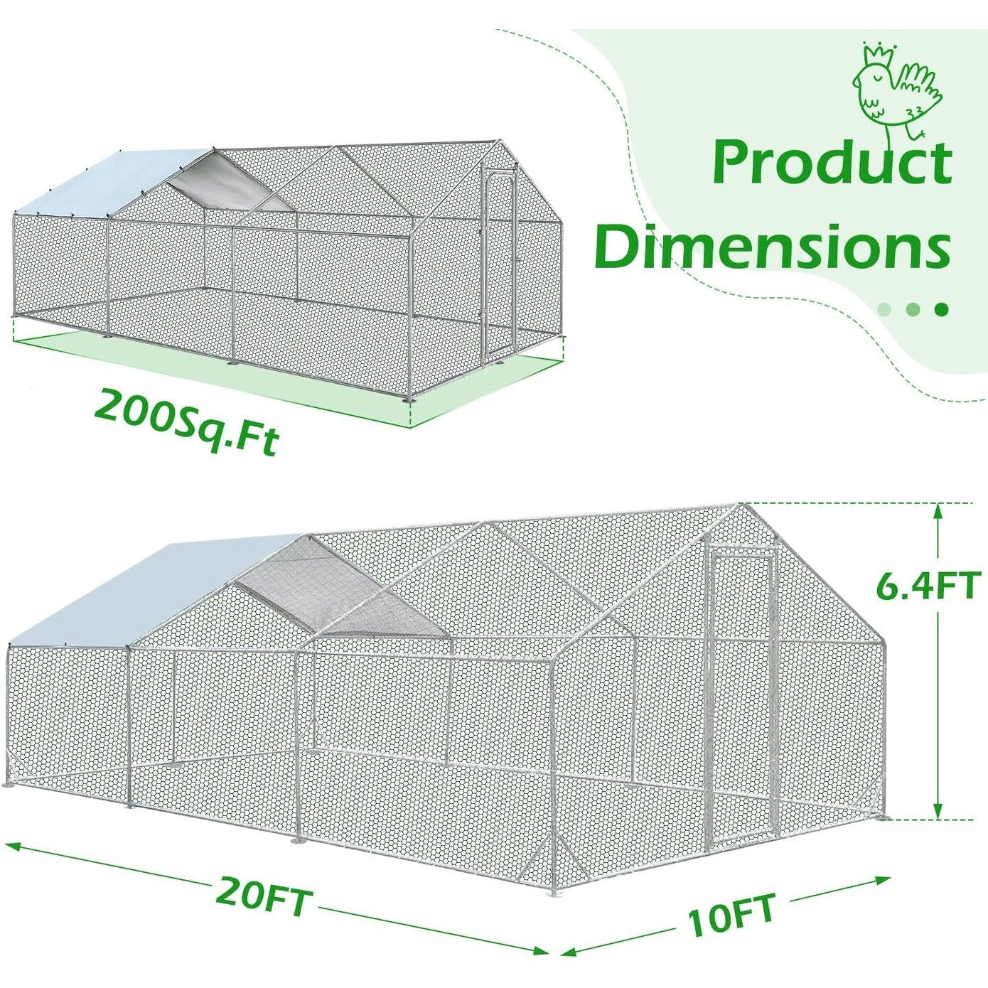 AECOJOY Grand poulailler métallique avec enclos et cage à poules accessibles à pied
