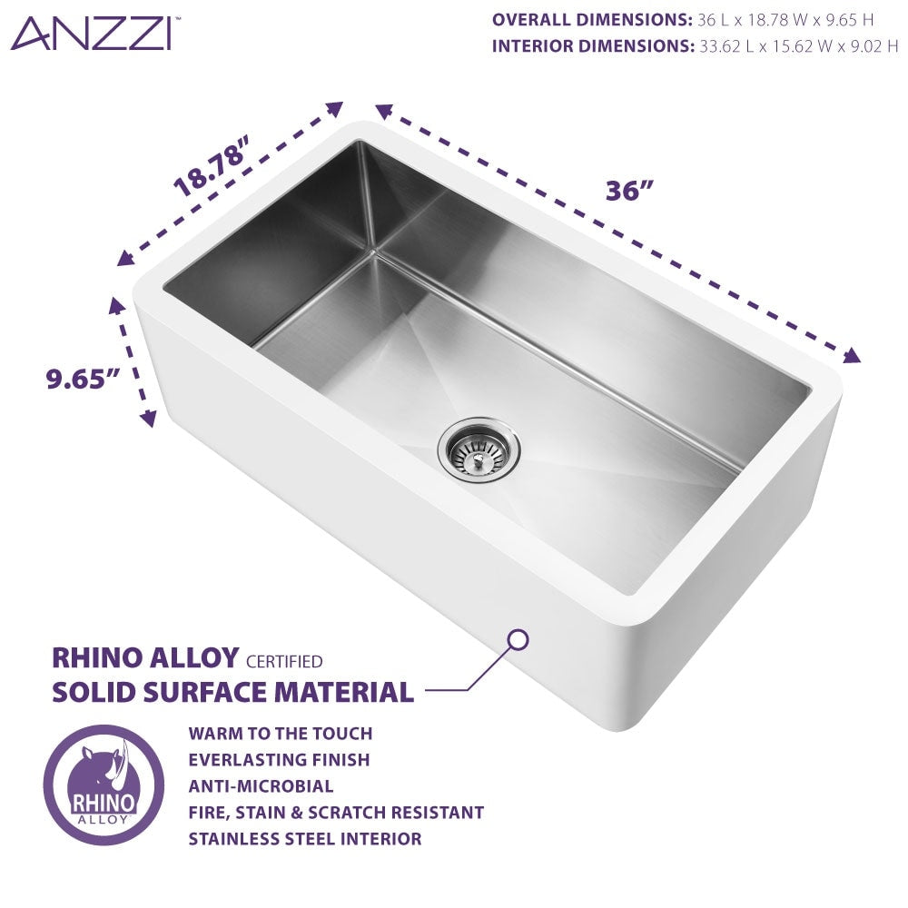 Évier de cuisine ANZZI Apollo blanc mat, style ferme, à une cuve de 91 cm (36 po), intérieur en acier inoxydable.