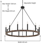 Lustre Acroma style ferme à 12 lumières, forme roue de chariot, 101,6 cm (40 po), homologué UL - 101,6 cm (40 po) de profondeur x 350 cm (138 po) de hauteur