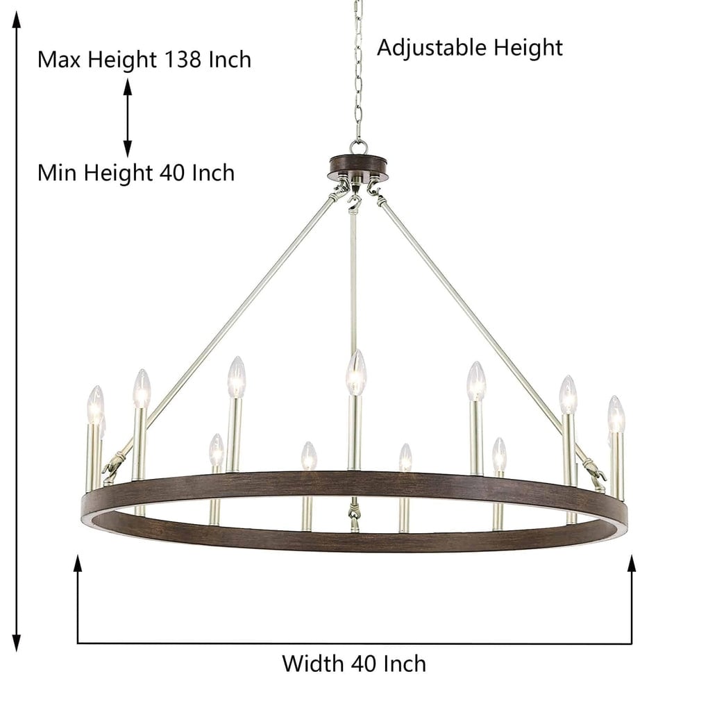 Lustre Acroma style ferme à 12 lumières, forme roue de chariot, 101,6 cm (40 po), homologué UL - 101,6 cm (40 po) de profondeur x 350 cm (138 po) de hauteur