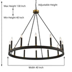 Lustre Acroma style ferme à 12 lumières, forme roue de chariot, 101,6 cm (40 po), homologué UL - 101,6 cm (40 po) de profondeur x 350 cm (138 po) de hauteur
