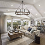 Lustre Acroma style ferme à 12 lumières, forme roue de chariot, 101,6 cm (40 po), homologué UL - 101,6 cm (40 po) de profondeur x 350 cm (138 po) de hauteur