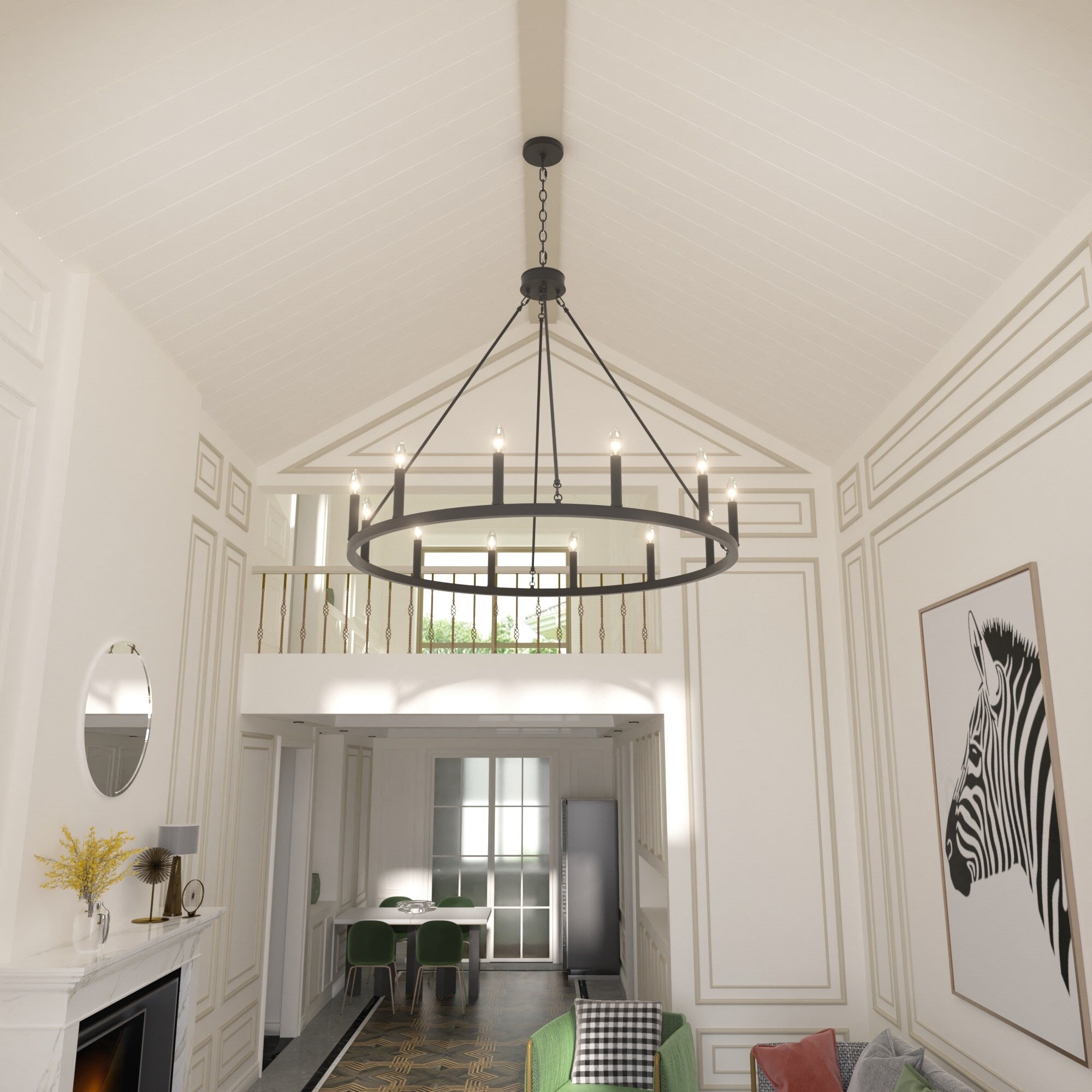 Lustre Acroma style ferme à 12 lumières, forme roue de chariot, 101,6 cm (40 po), homologué UL - 101,6 cm (40 po) de profondeur x 350 cm (138 po) de hauteur