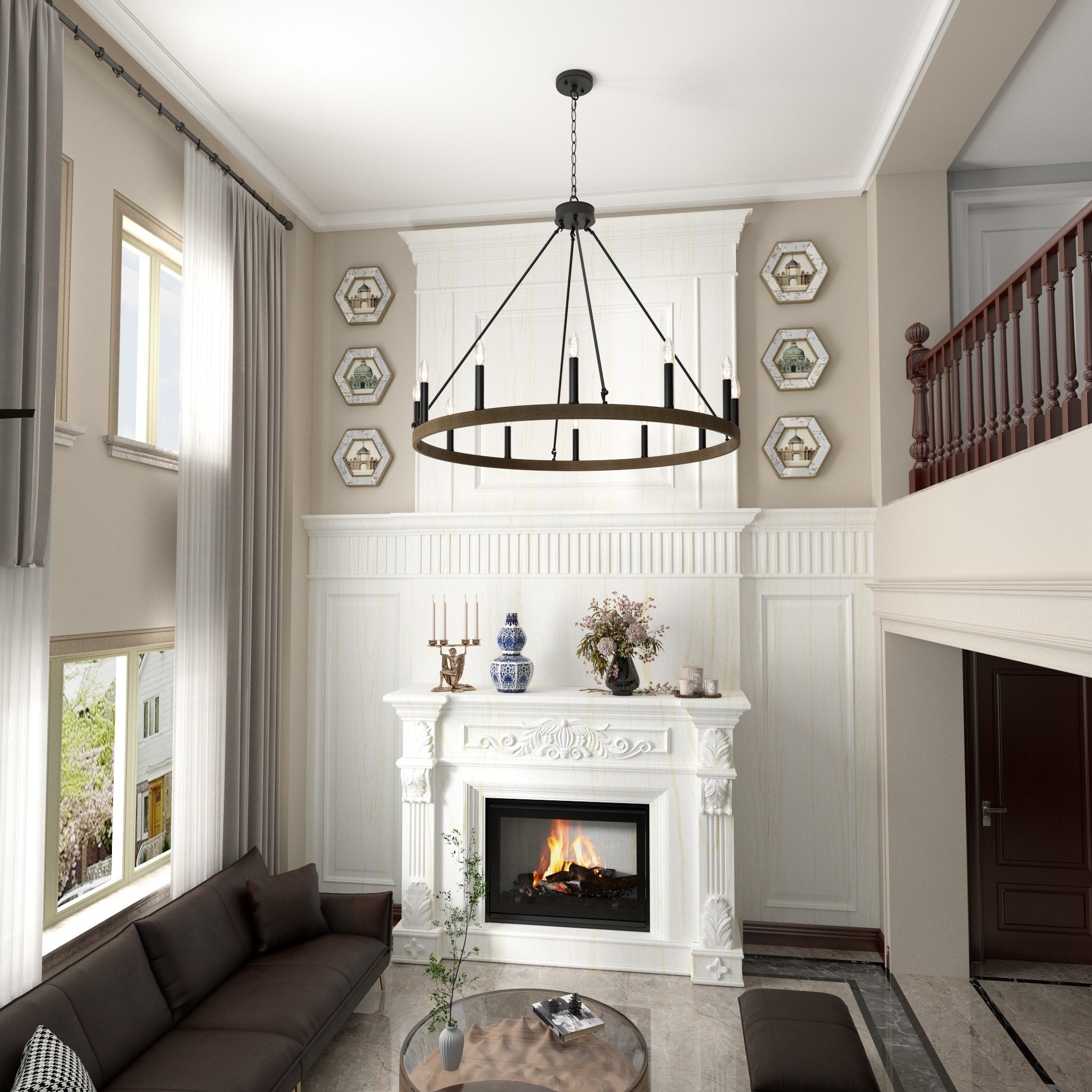 Lustre Acroma style ferme à 12 lumières, forme roue de chariot, 101,6 cm (40 po), homologué UL - 101,6 cm (40 po) de profondeur x 350 cm (138 po) de hauteur