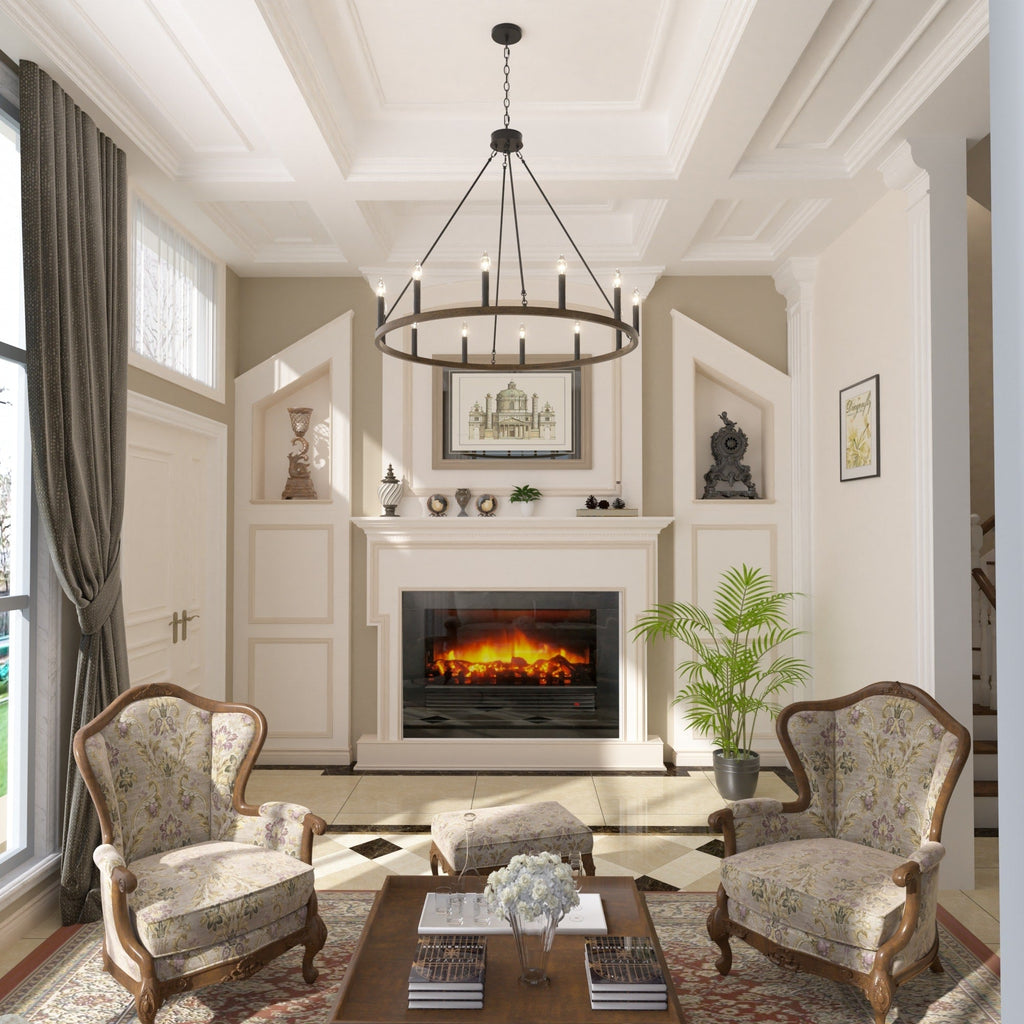 Lustre Acroma style ferme à 12 lumières, forme roue de chariot, 101,6 cm (40 po), homologué UL - 101,6 cm (40 po) de profondeur x 350 cm (138 po) de hauteur