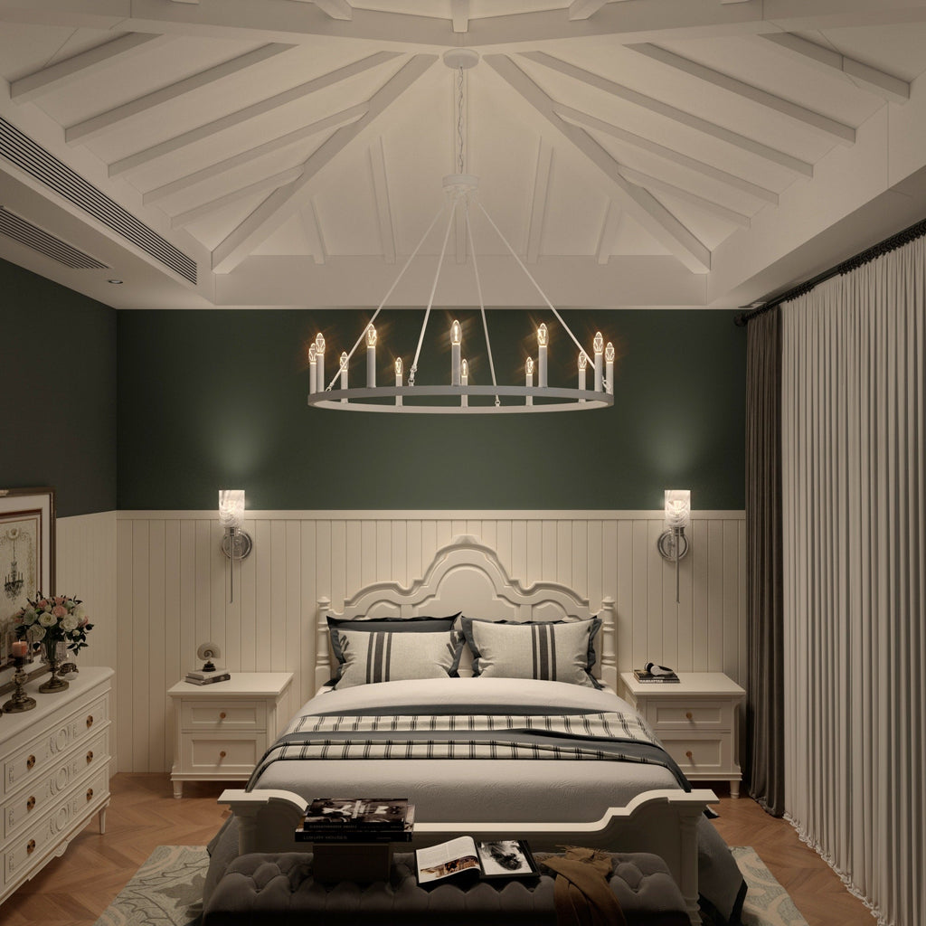 Lustre Acroma style ferme à 12 lumières, forme roue de chariot, 101,6 cm (40 po), homologué UL - 101,6 cm (40 po) de profondeur x 350 cm (138 po) de hauteur