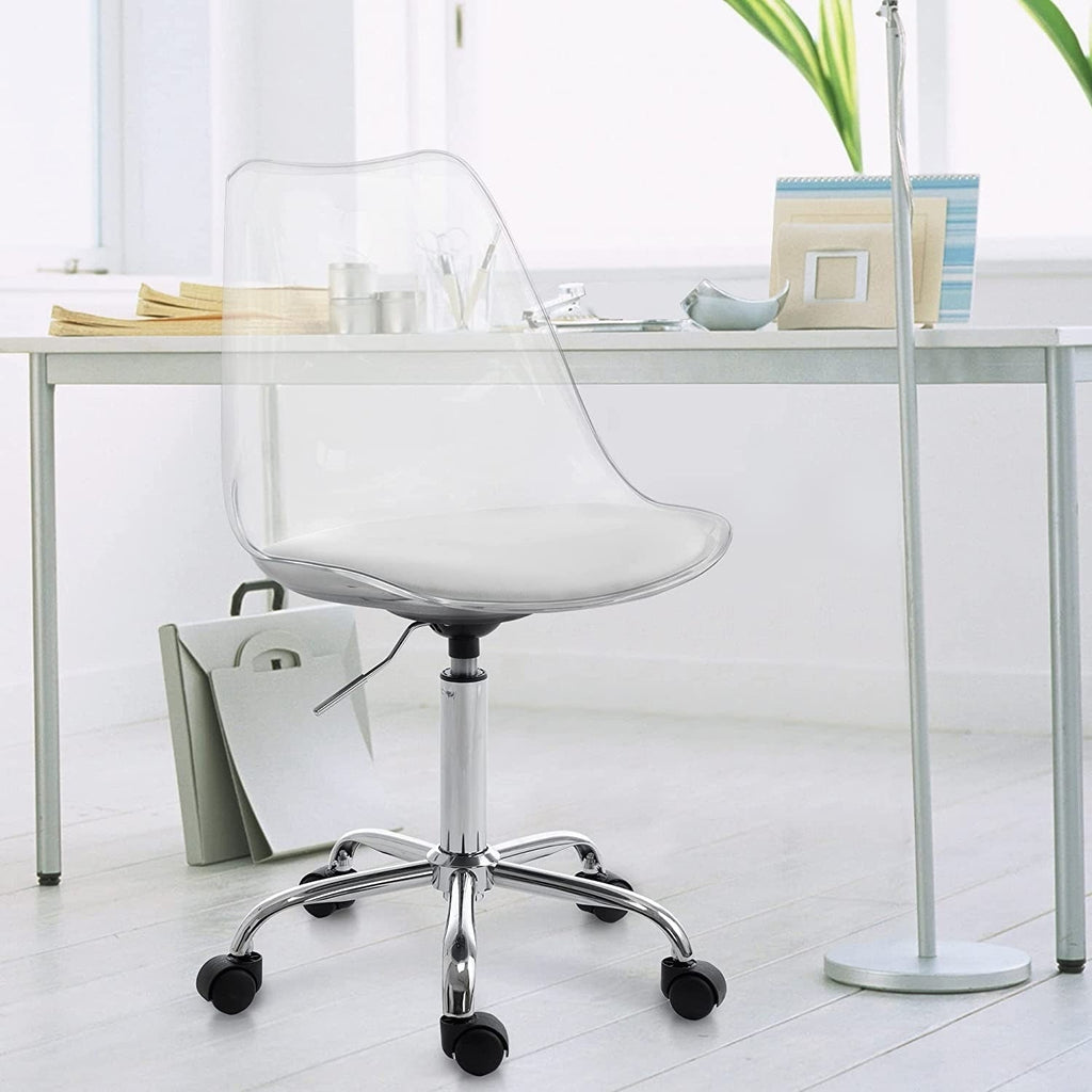 Chaise de bureau à roulettes pivotante en acrylique, sans accoudoirs et réglable en hauteur