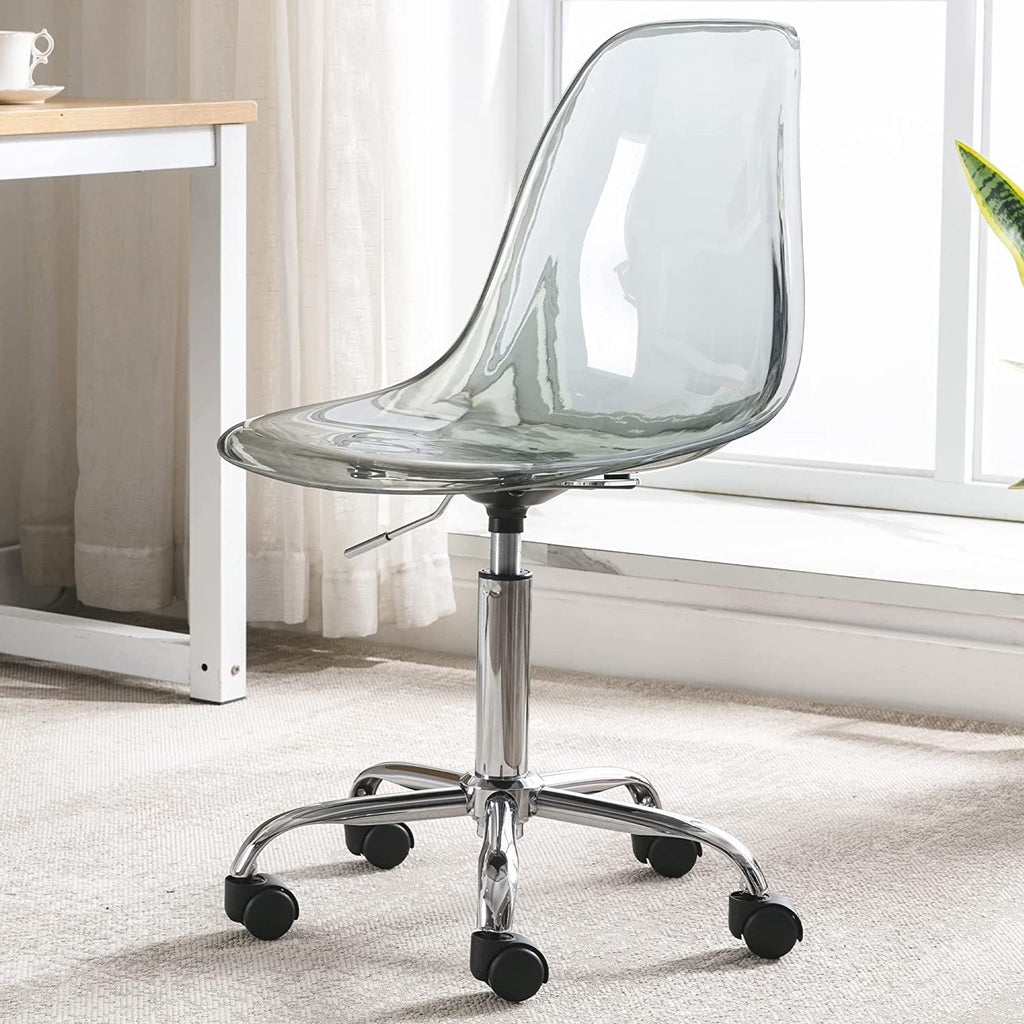 Chaise de bureau à roulettes pivotante en acrylique, sans accoudoirs et réglable en hauteur