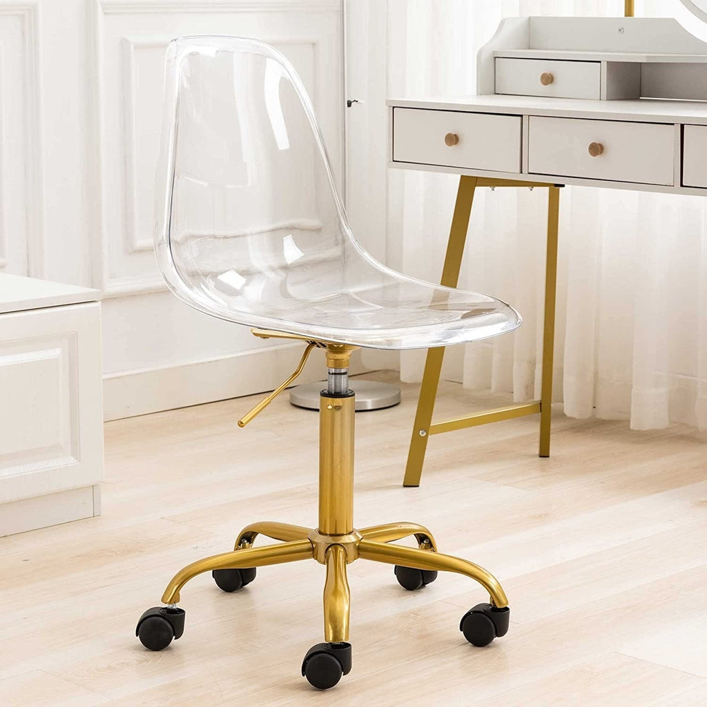 Chaise de bureau à roulettes pivotante en acrylique, sans accoudoirs et réglable en hauteur