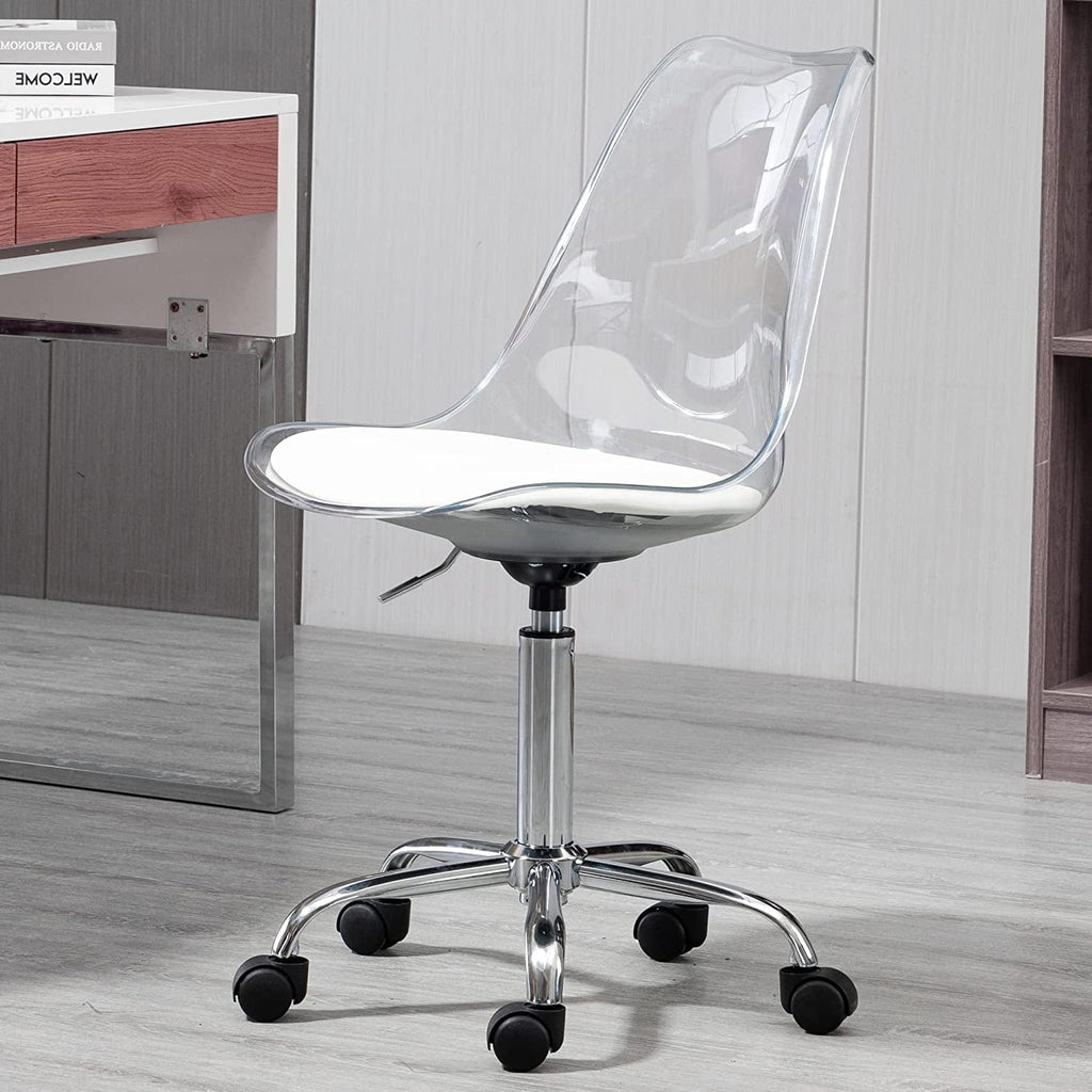 Chaise de bureau à roulettes pivotante en acrylique, sans accoudoirs et réglable en hauteur