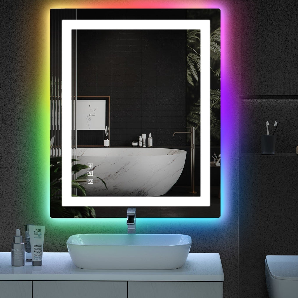 Miroir de salle de bain antibuée rétroéclairé RGB et éclairé par LED