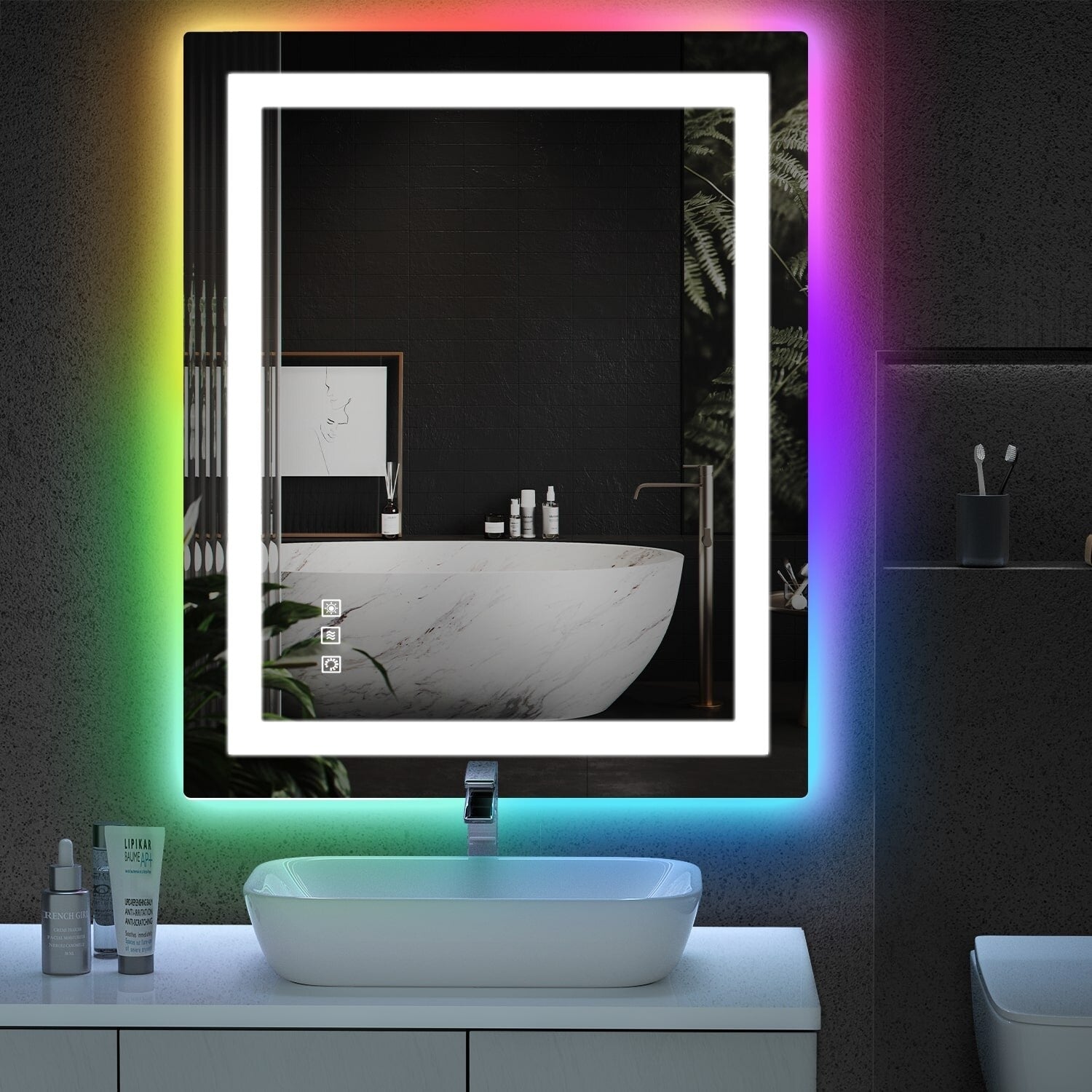 Miroir de salle de bain antibuée rétroéclairé RGB et éclairé par LED