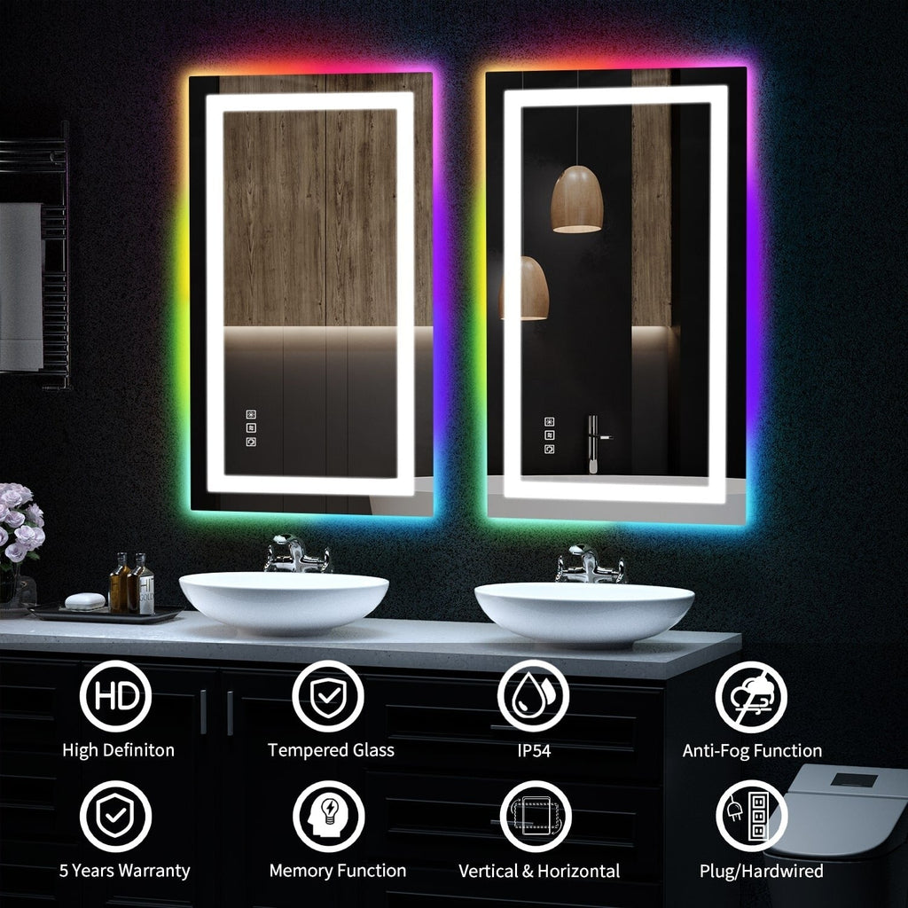 Miroir de salle de bain antibuée rétroéclairé RGB et éclairé par LED