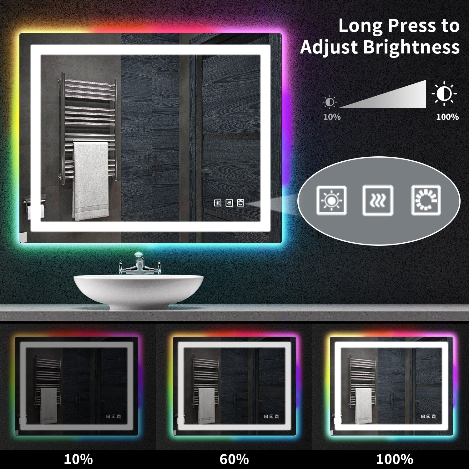 Miroir de salle de bain antibuée rétroéclairé RGB et éclairé par LED