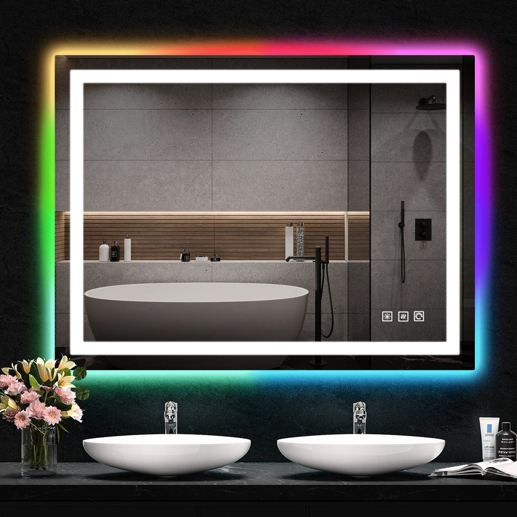 Miroir de salle de bain antibuée rétroéclairé RGB et éclairé par LED
