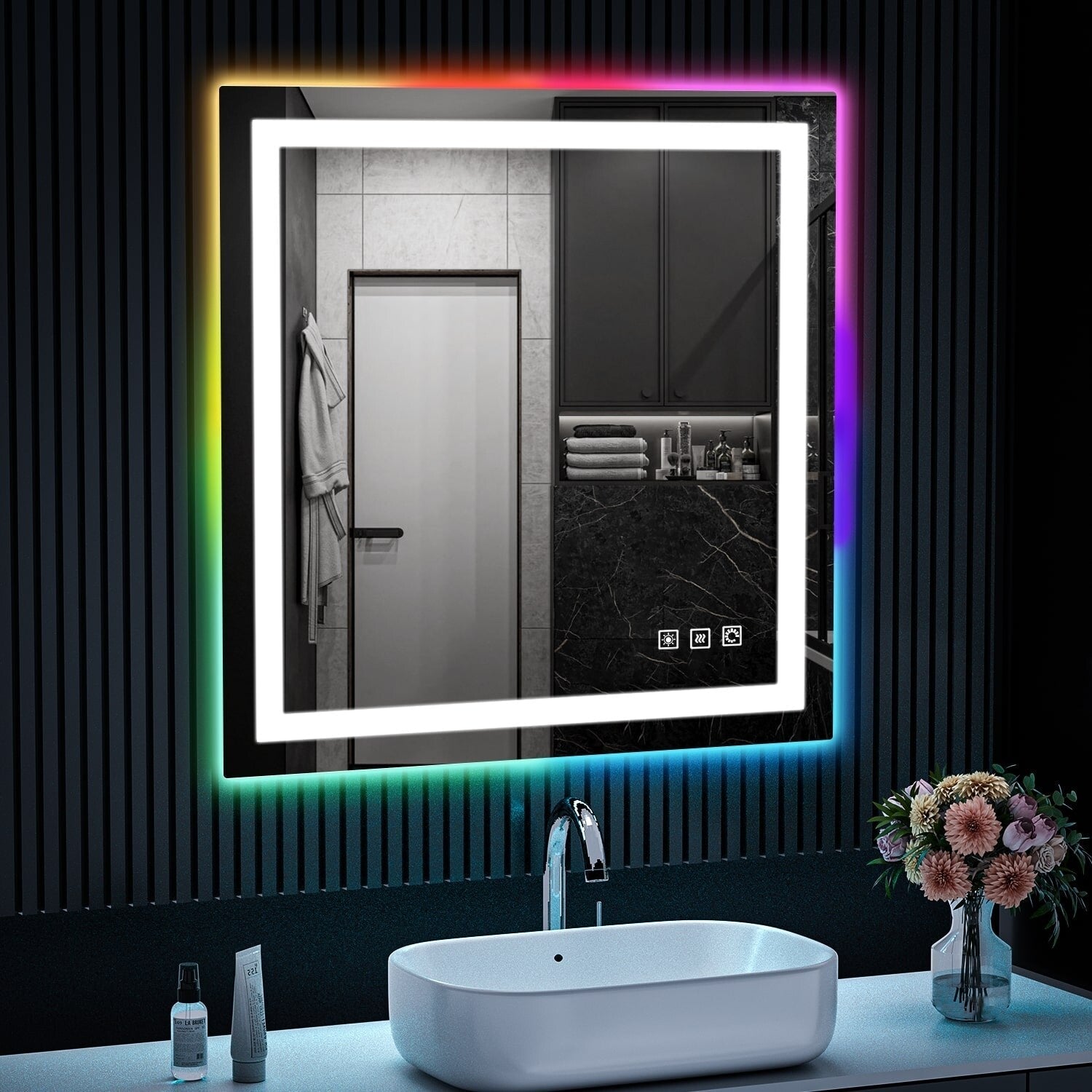 Miroir de salle de bain antibuée rétroéclairé RGB et éclairé par LED