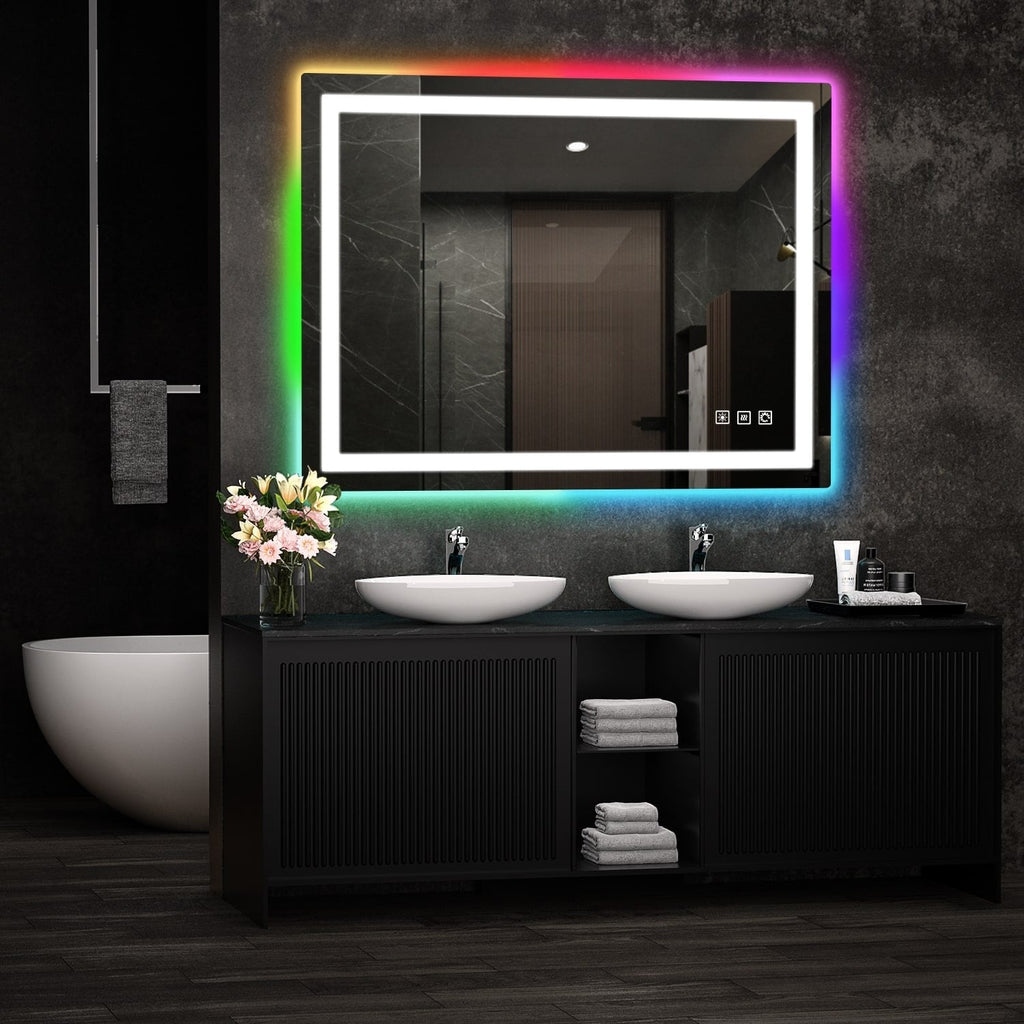 Miroir de salle de bain antibuée rétroéclairé RGB et éclairé par LED