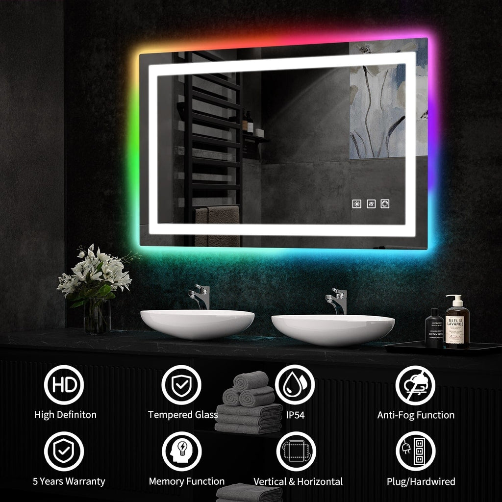 Miroir de salle de bain antibuée rétroéclairé RGB et éclairé par LED