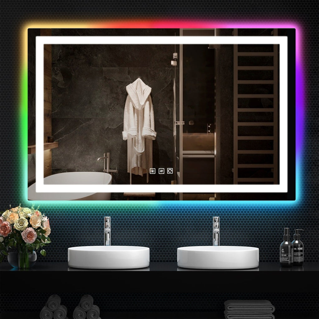 Miroir de salle de bain antibuée rétroéclairé RGB et éclairé par LED