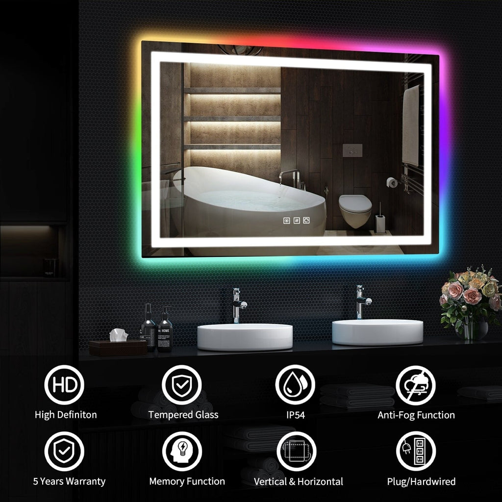 Miroir de salle de bain antibuée rétroéclairé RGB et éclairé par LED