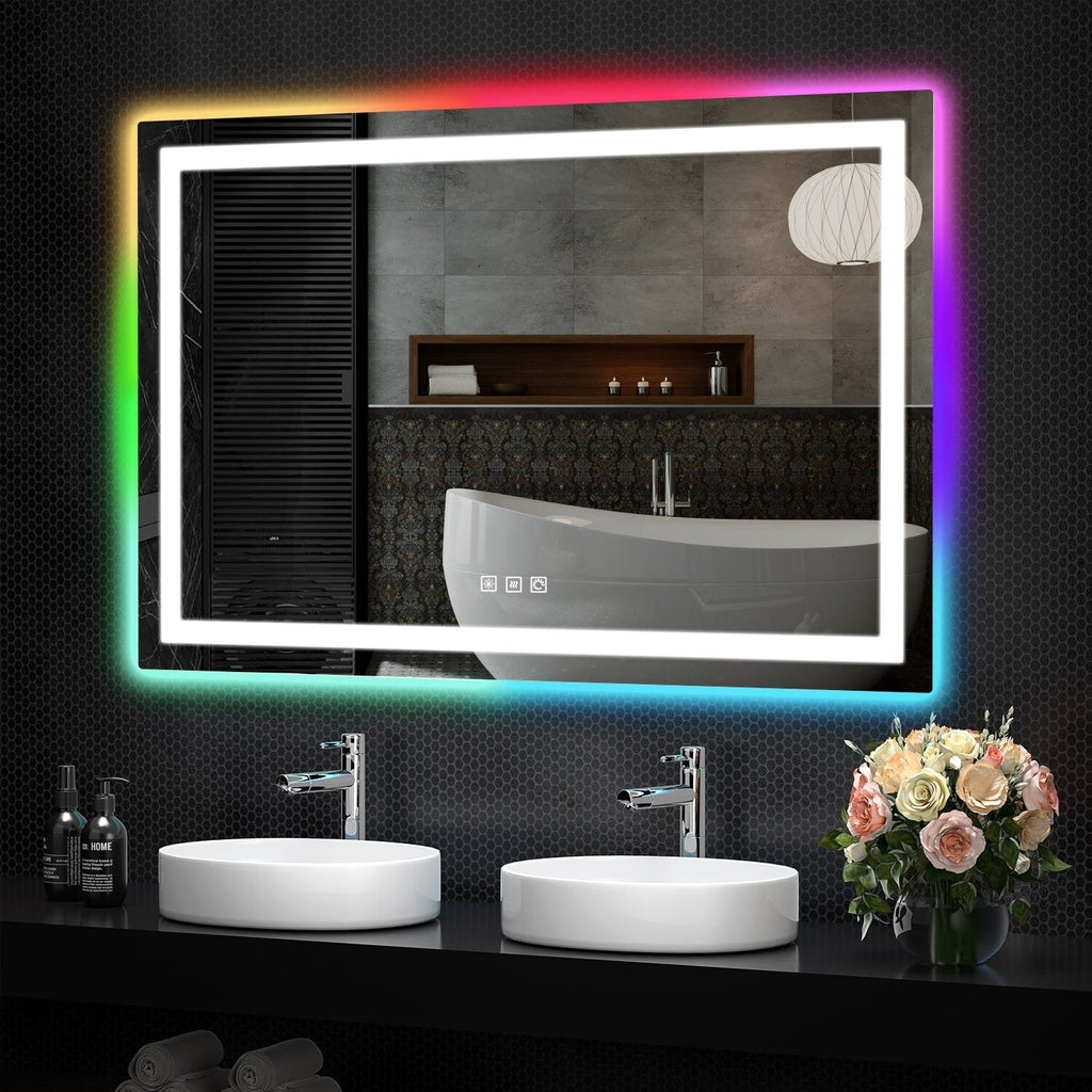 Miroir de salle de bain antibuée rétroéclairé RGB et éclairé par LED