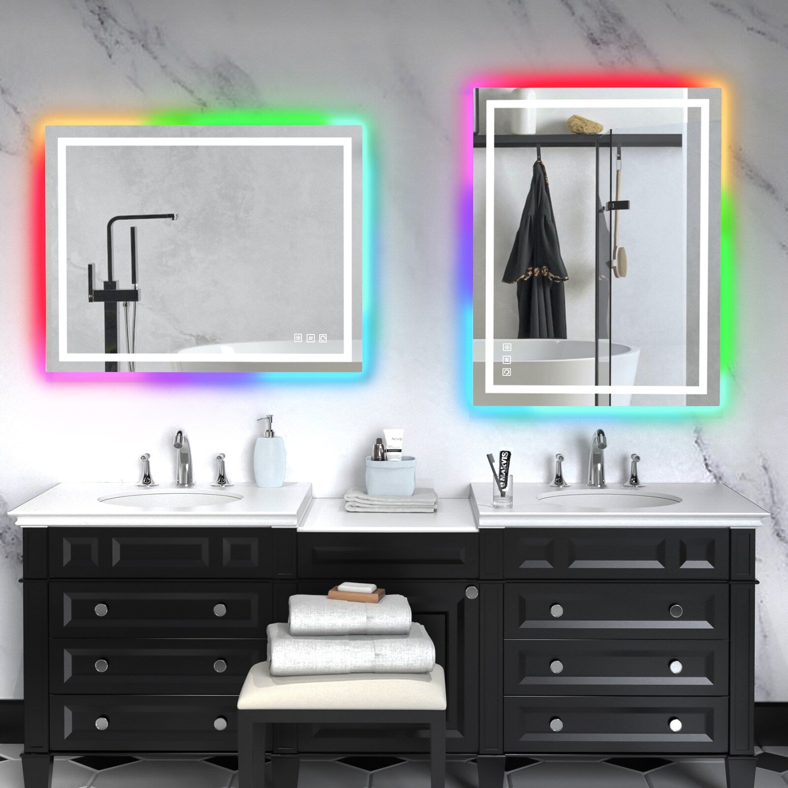 Miroir de salle de bain antibuée rétroéclairé RGB et éclairé par LED