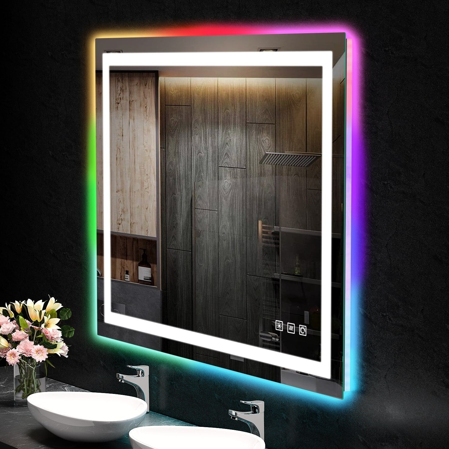 Miroir de salle de bain antibuée rétroéclairé RGB et éclairé par LED