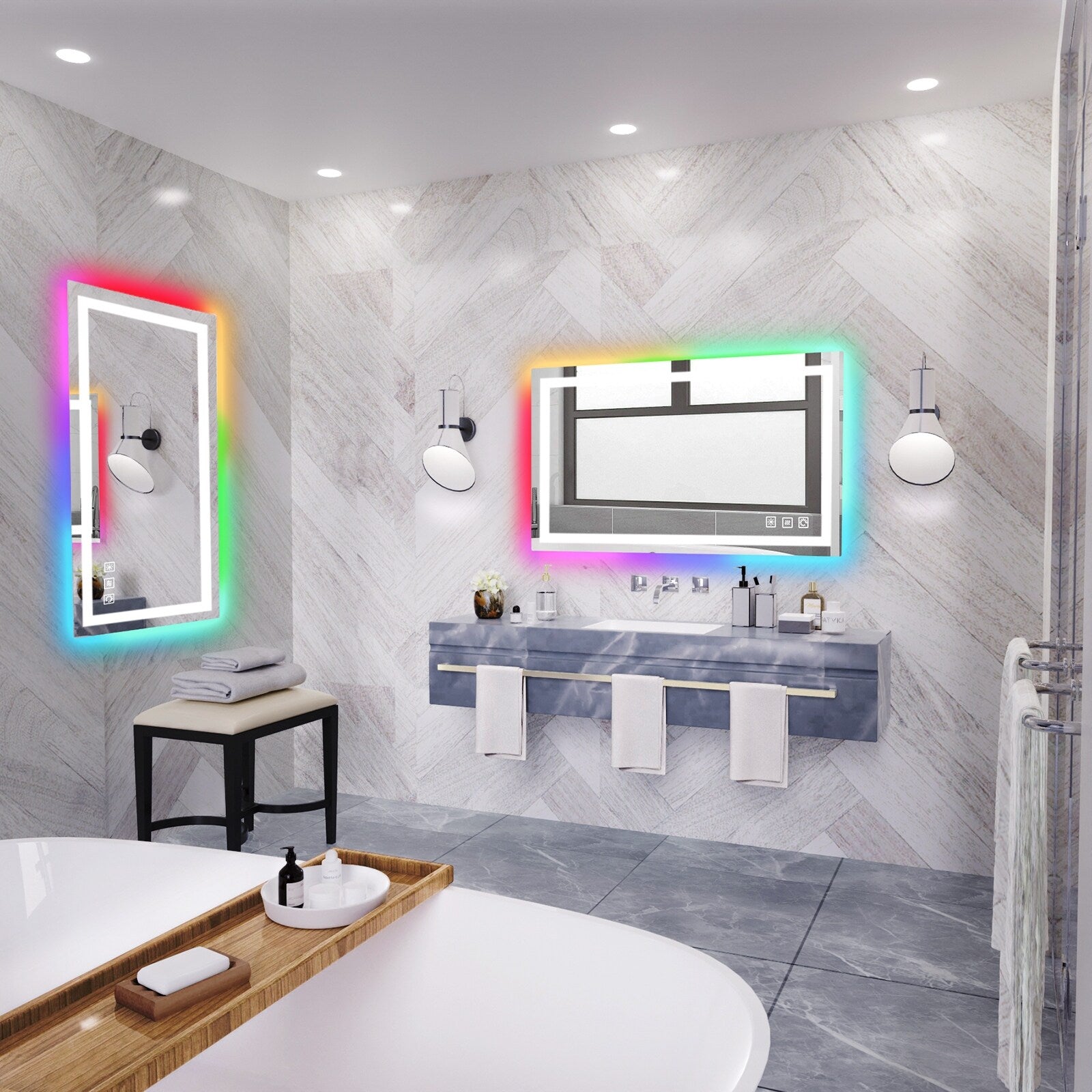 Miroir de salle de bain antibuée rétroéclairé RGB et éclairé par LED