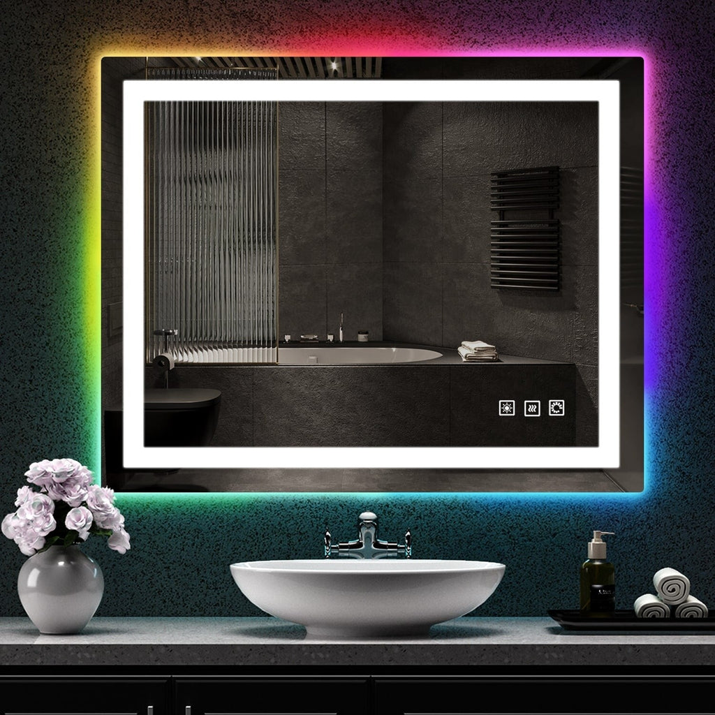 Miroir de salle de bain antibuée rétroéclairé RGB et éclairé par LED
