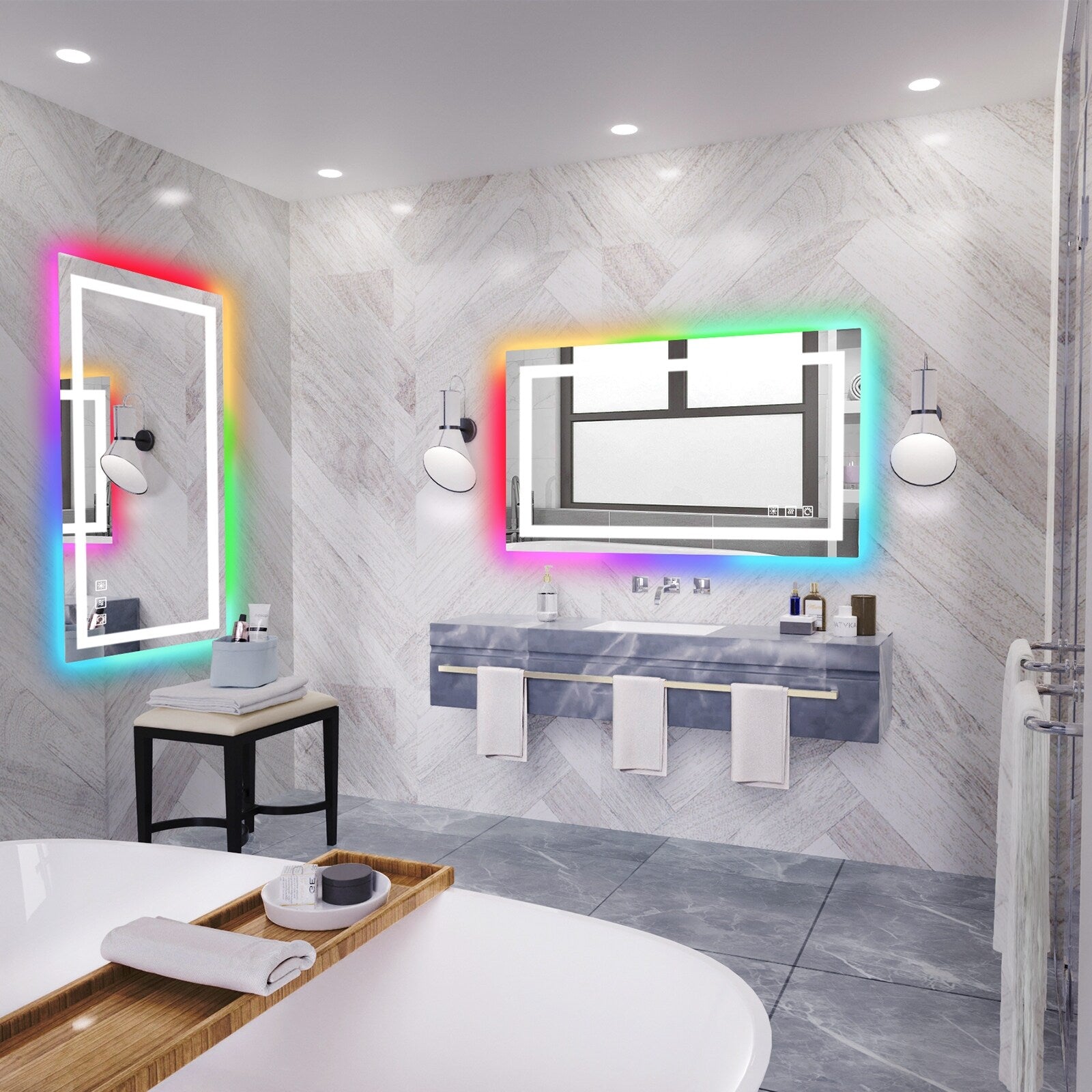 Miroir de salle de bain antibuée rétroéclairé RGB et éclairé par LED