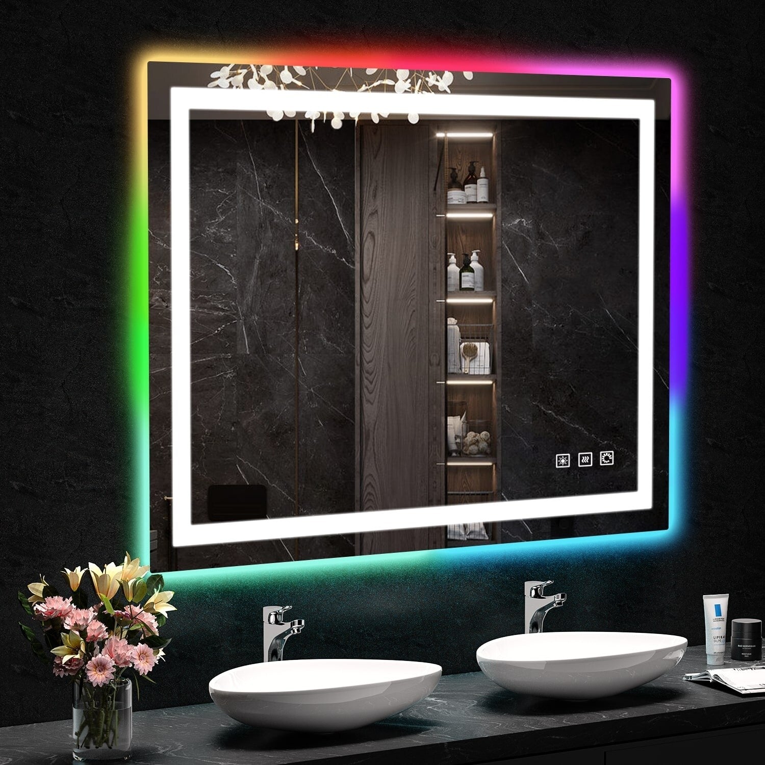 Miroir de salle de bain antibuée rétroéclairé RGB et éclairé par LED