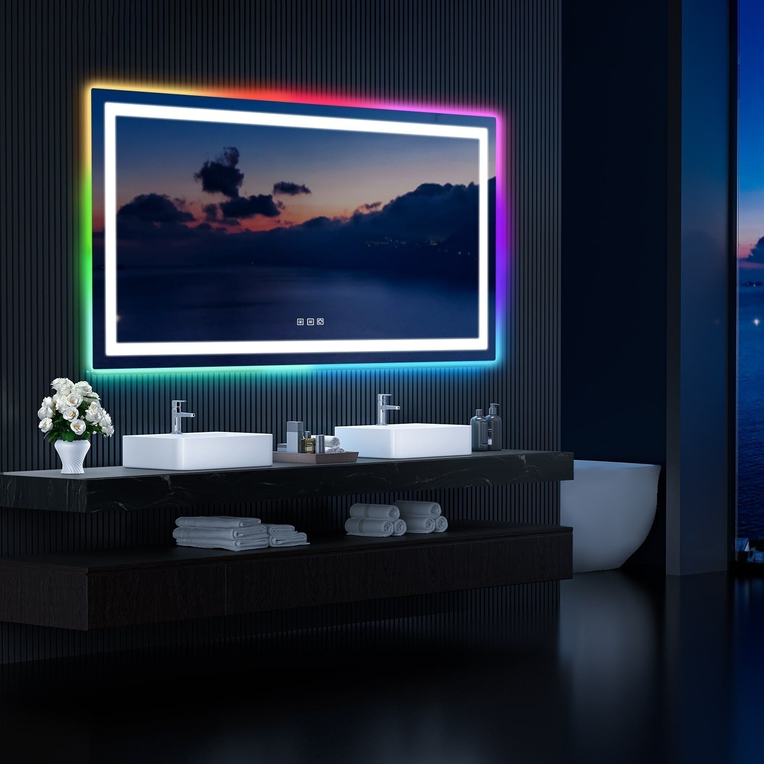 Miroir de salle de bain antibuée rétroéclairé RGB et éclairé par LED