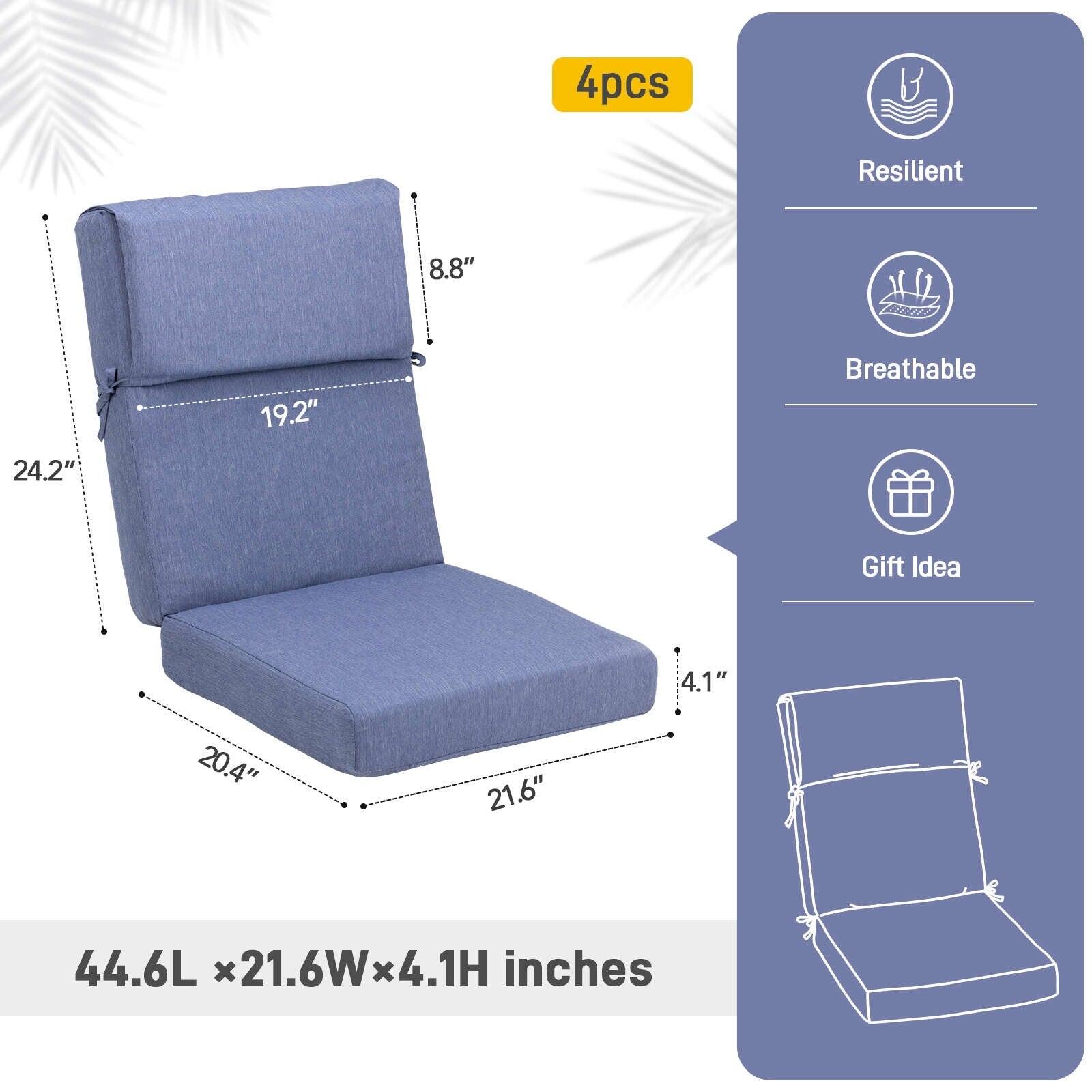 Ensemble de 4 coussins pour chaise de patio à dossier haut Aoodor, 46 x 21 x 4 pouces (coussins seulement)