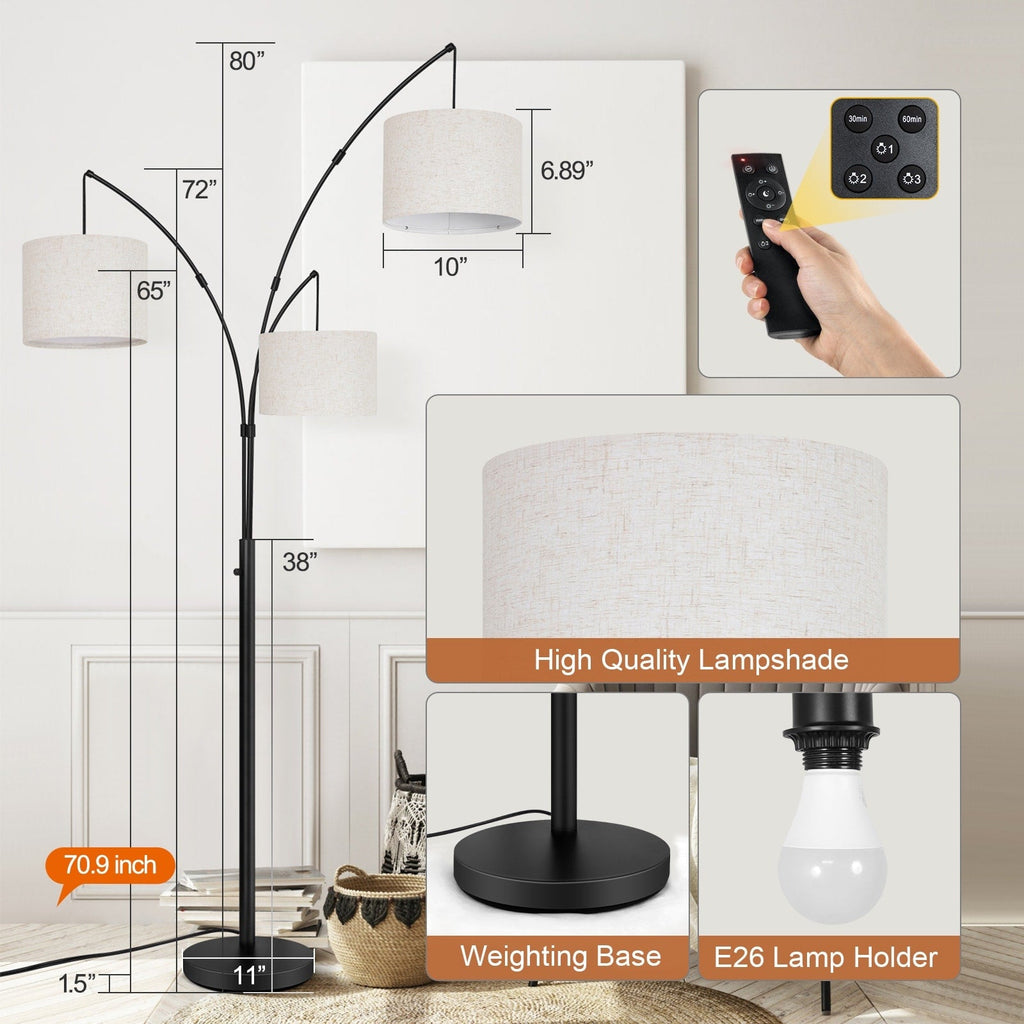 Lampadaire LED arqué à 3 lumières, moderne et noir, à intensité variable.