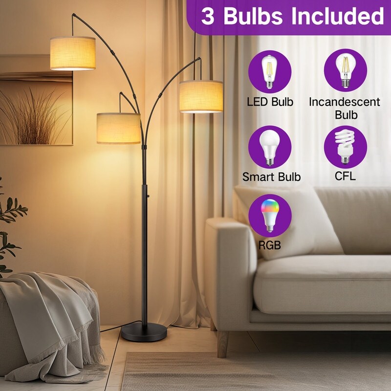 Lampadaire LED arqué à 3 lumières, moderne et noir, à intensité variable.