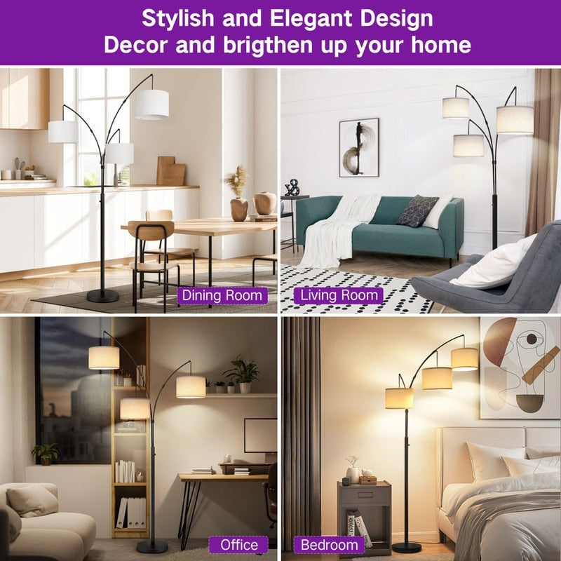 Lampadaire LED arqué à 3 lumières, moderne et noir, à intensité variable.