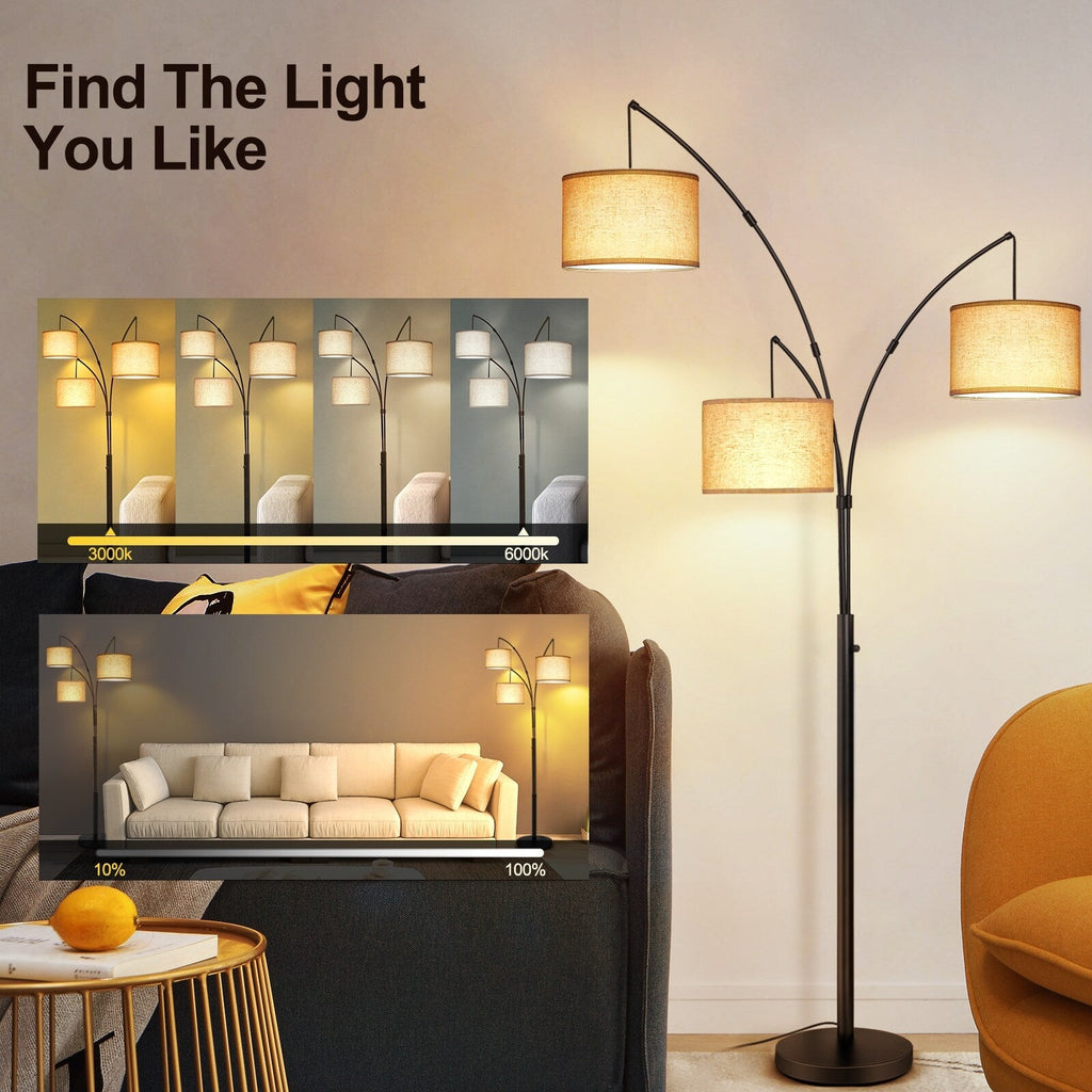 Lampadaire LED arqué à 3 lumières, moderne et noir, à intensité variable.