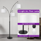 Lampadaire LED arqué à 3 lumières, moderne et noir, à intensité variable.