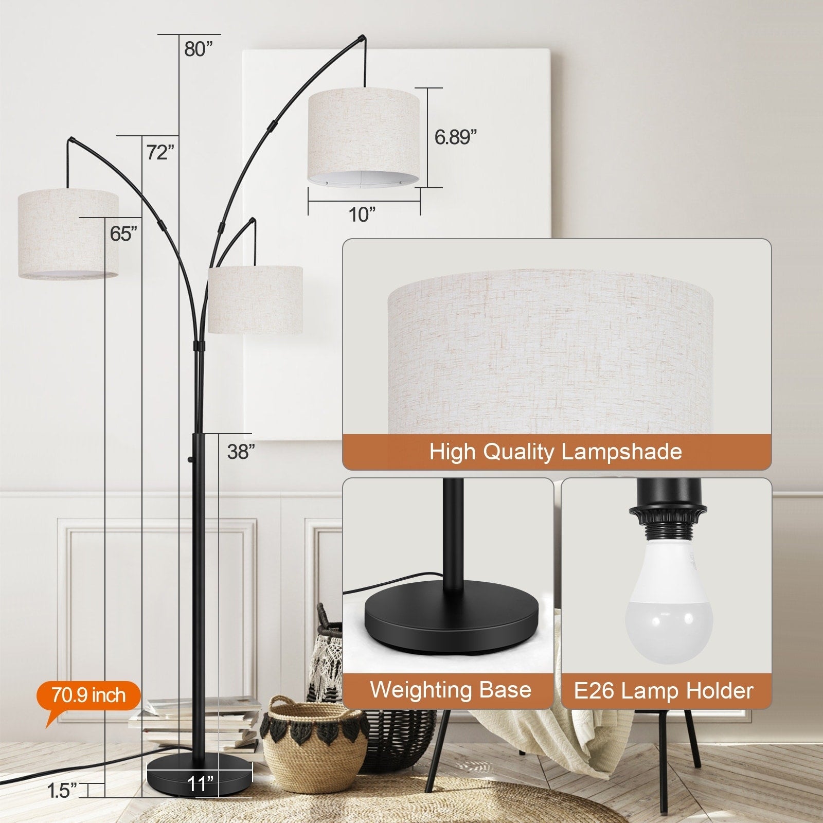 Lampadaire LED arqué à 3 lumières, moderne et noir, à intensité variable.