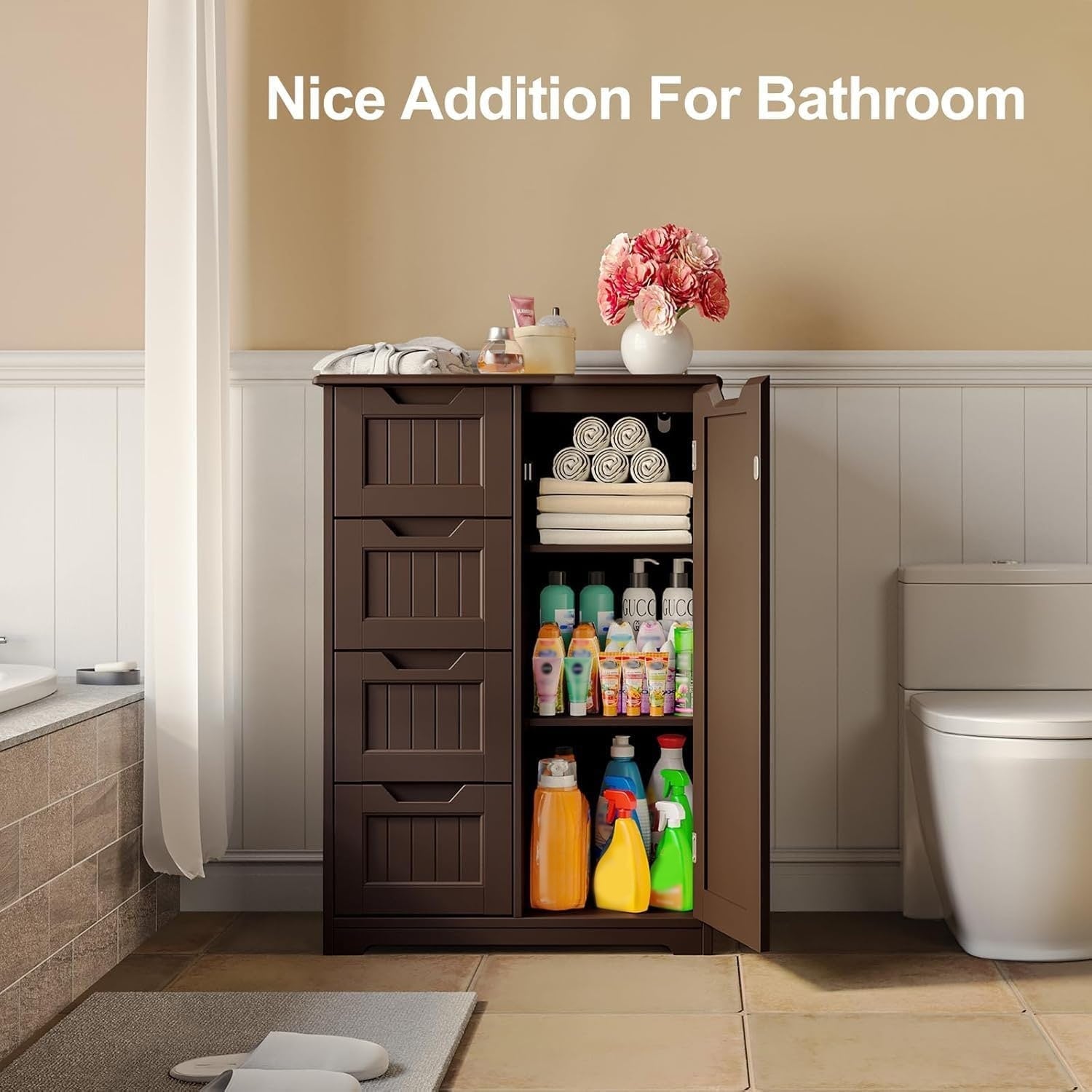 Meuble de rangement de sol pour salle de bain, meuble de rangement autoportant avec 4 tiroirs et étagère réglable