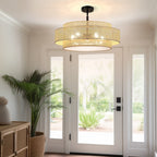 Lustre tambour côtier noir Bayou à 5 lumières avec double abat-jour en rotin - 61 cm (24 po) de large