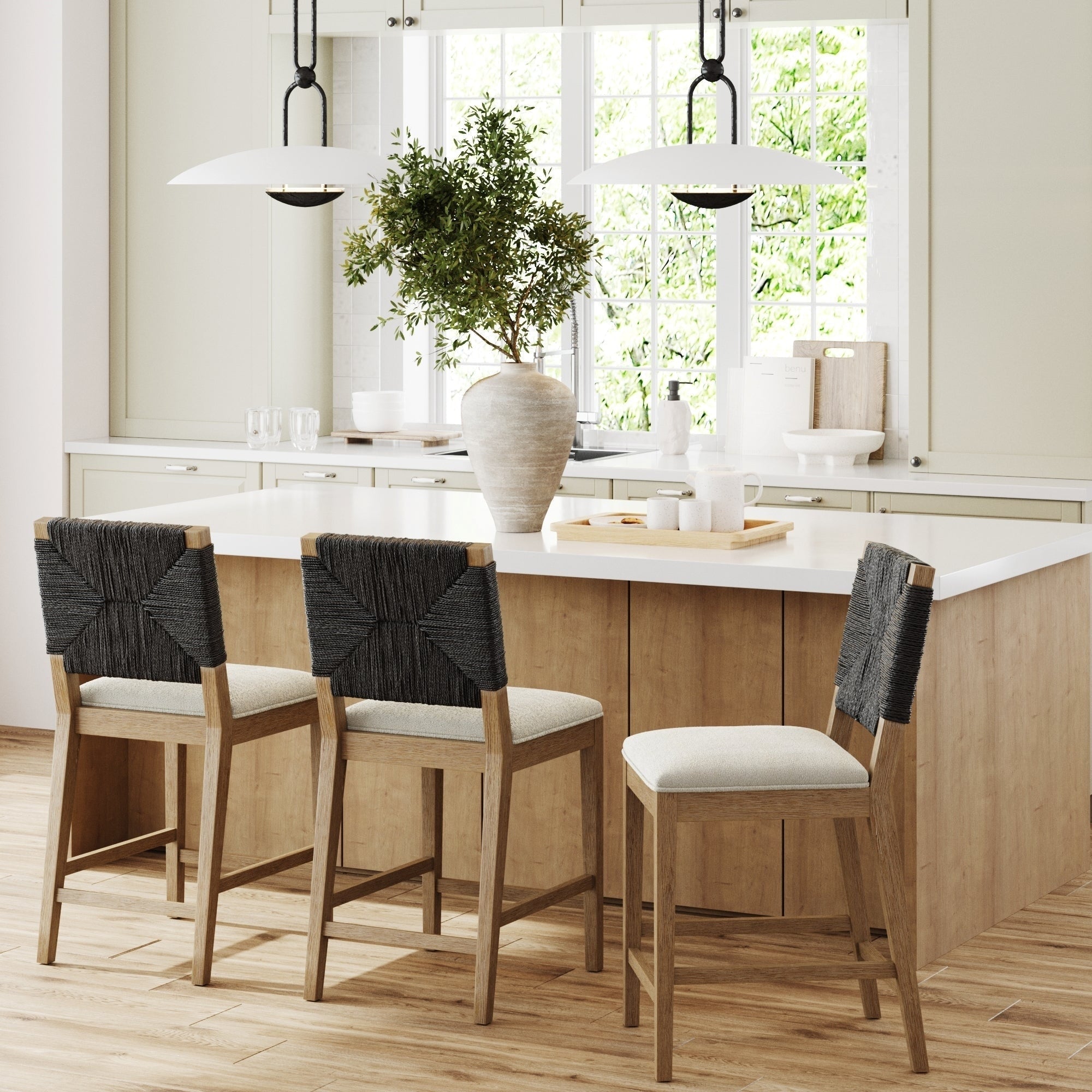 Tabouret de bar bohème Beacon en boucle, chaise de comptoir rembourrée avec structure en bois massif et dossier en jonc de mer tressé