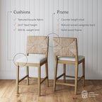 Tabouret de bar bohème Beacon en boucle, chaise de comptoir rembourrée avec structure en bois massif et dossier en jonc de mer tressé