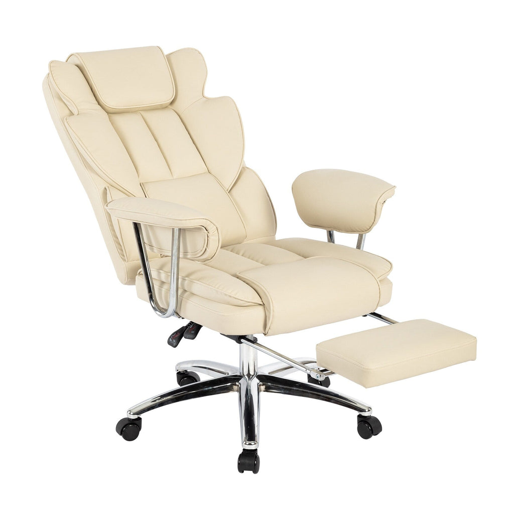 Fauteuil de bureau ergonomique pivotant à 360° en cuir reconstitué beige, dossier haut, soutien lombaire, repose-pieds et hauteur réglable.
