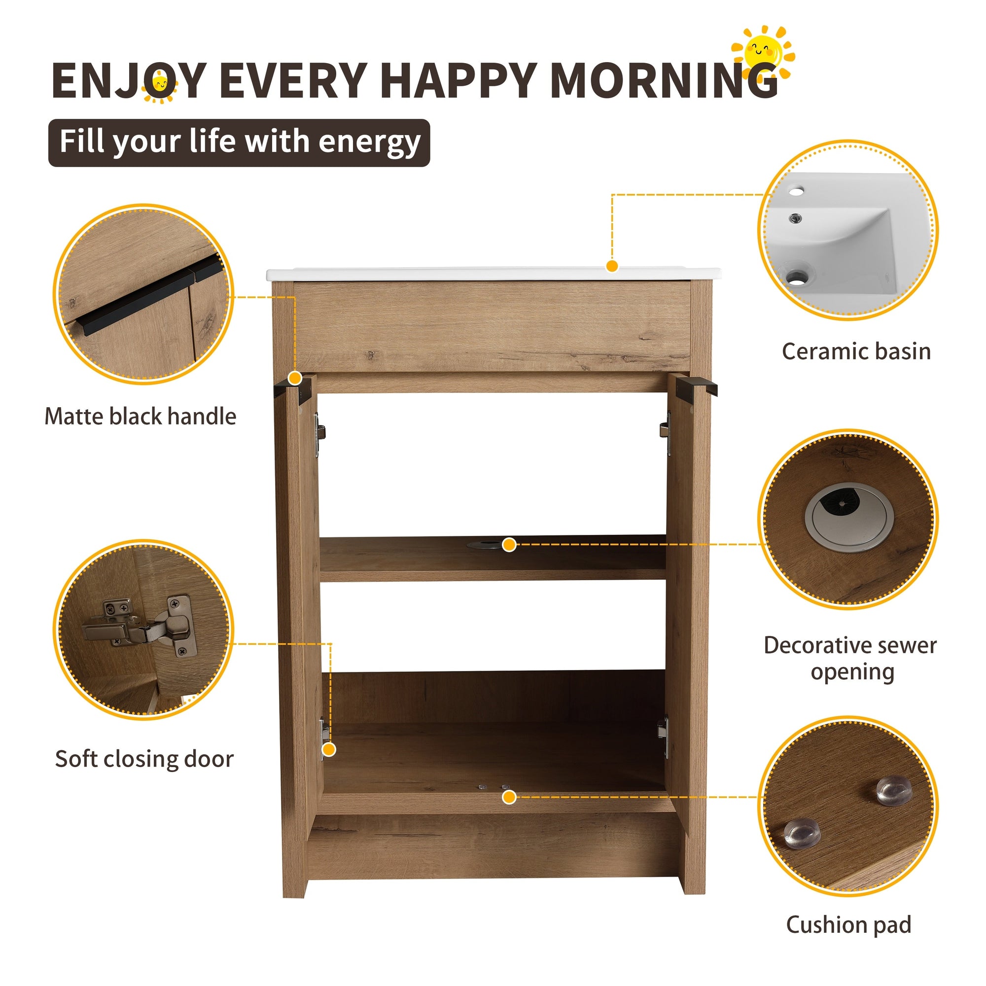 Meuble-lavabo Beingnext 24/30/36 avec vasque, meuble-lavabo autoportant avec porte à fermeture douce et étagère réglable