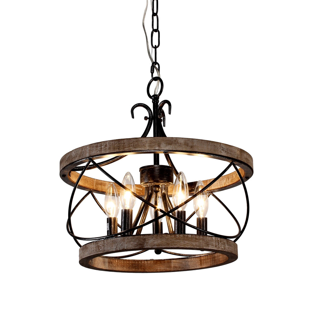 Lustre rustique Bella Depot à 5 lumières en bois avec cage, éclairage à intensité variable, suspension de style ferme réglable de 15,7 pouces pour îlot de cuisine