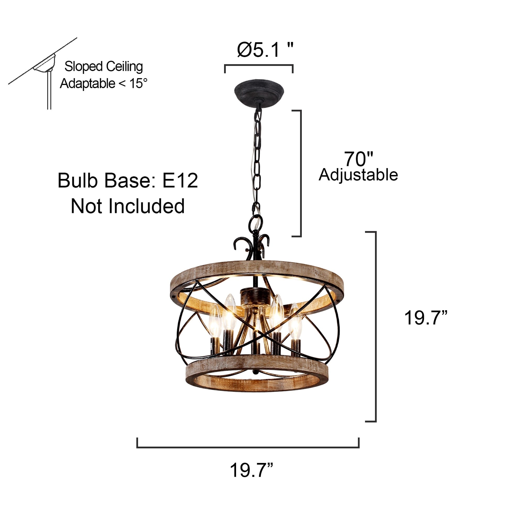 Lustre rustique Bella Depot à 5 lumières en bois avec cage, éclairage à intensité variable, suspension de style ferme réglable de 15,7 pouces pour îlot de cuisine
